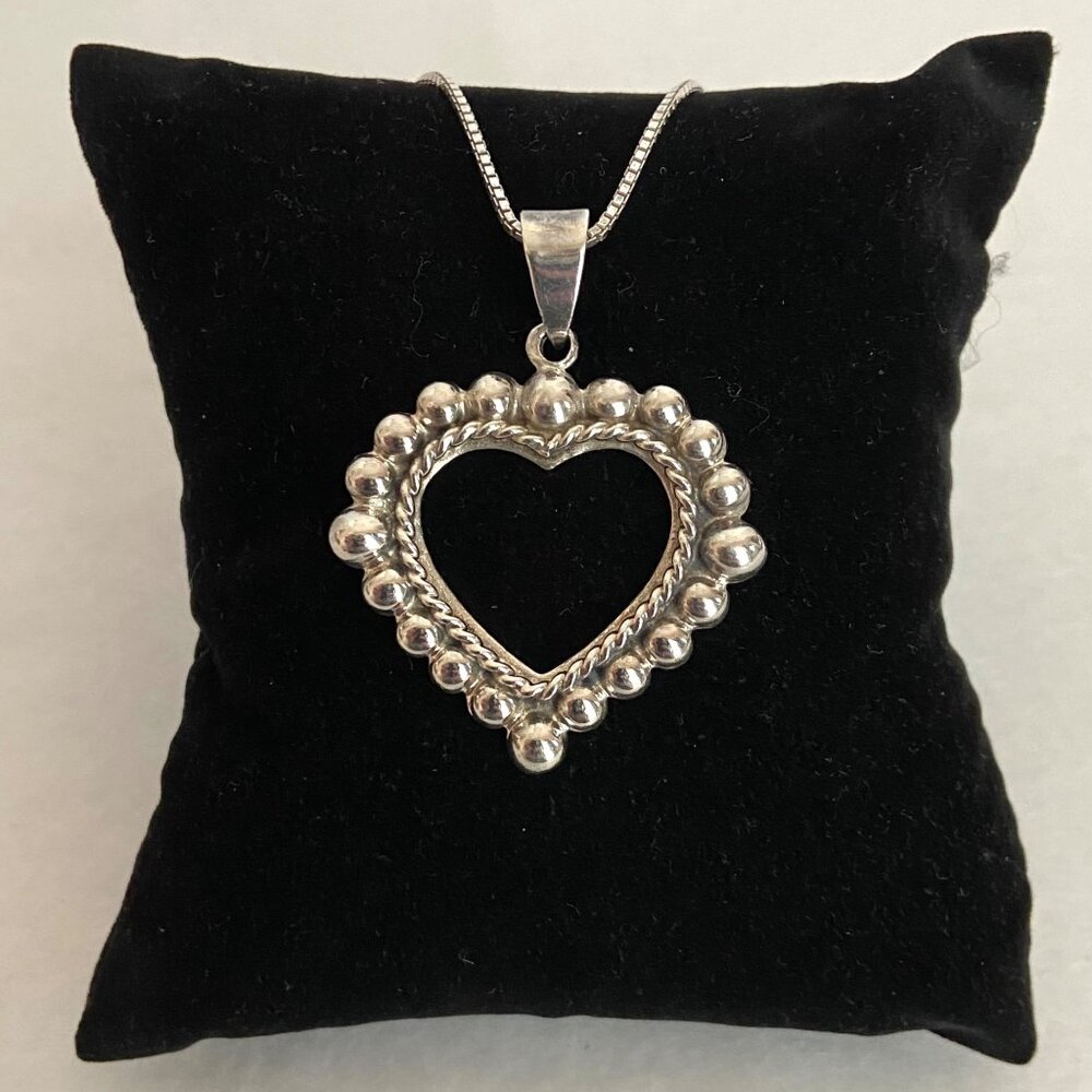 Sterling Silver 925 Beaded Open Heart Pendant Necklace 18" Box Chain - Picture 14 of 16